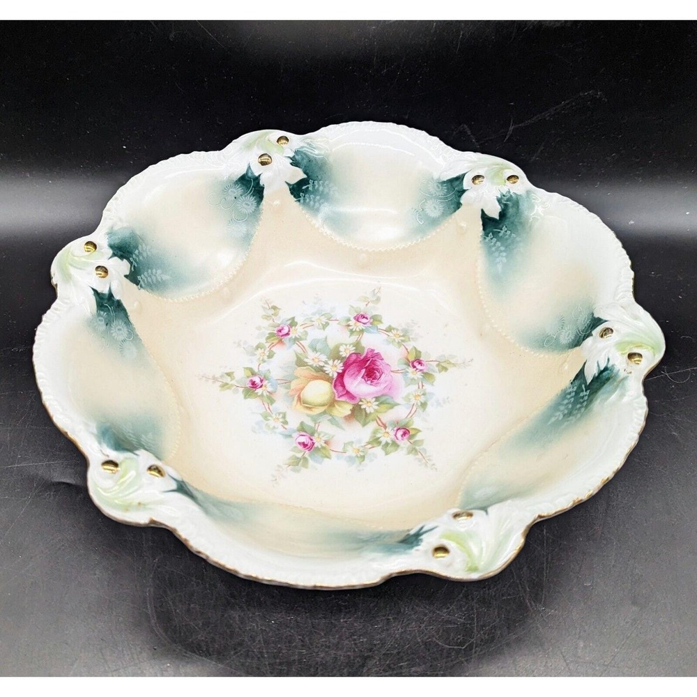 Antique RS Prussia Embossed Porcelain Pink Yellow Rose 11" Decorative Fruit Bowl